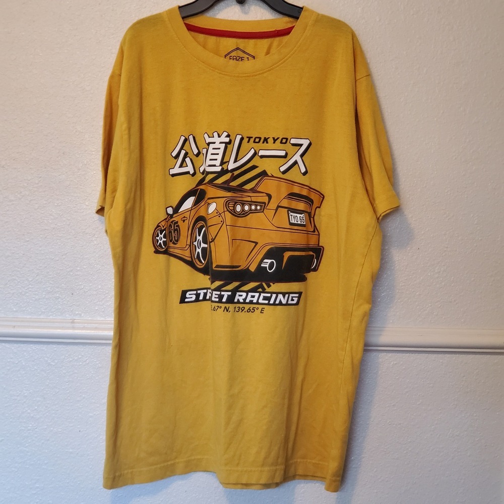 Faze 1 Mens Tokyo Street Racing Graphic T-Shirt Yellow JDM Car Kanji Tee